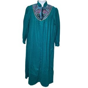 Vintage Cachet Womens Teal Embroidered Floral Robe Sz L Kaftan Mumu Golden Girls